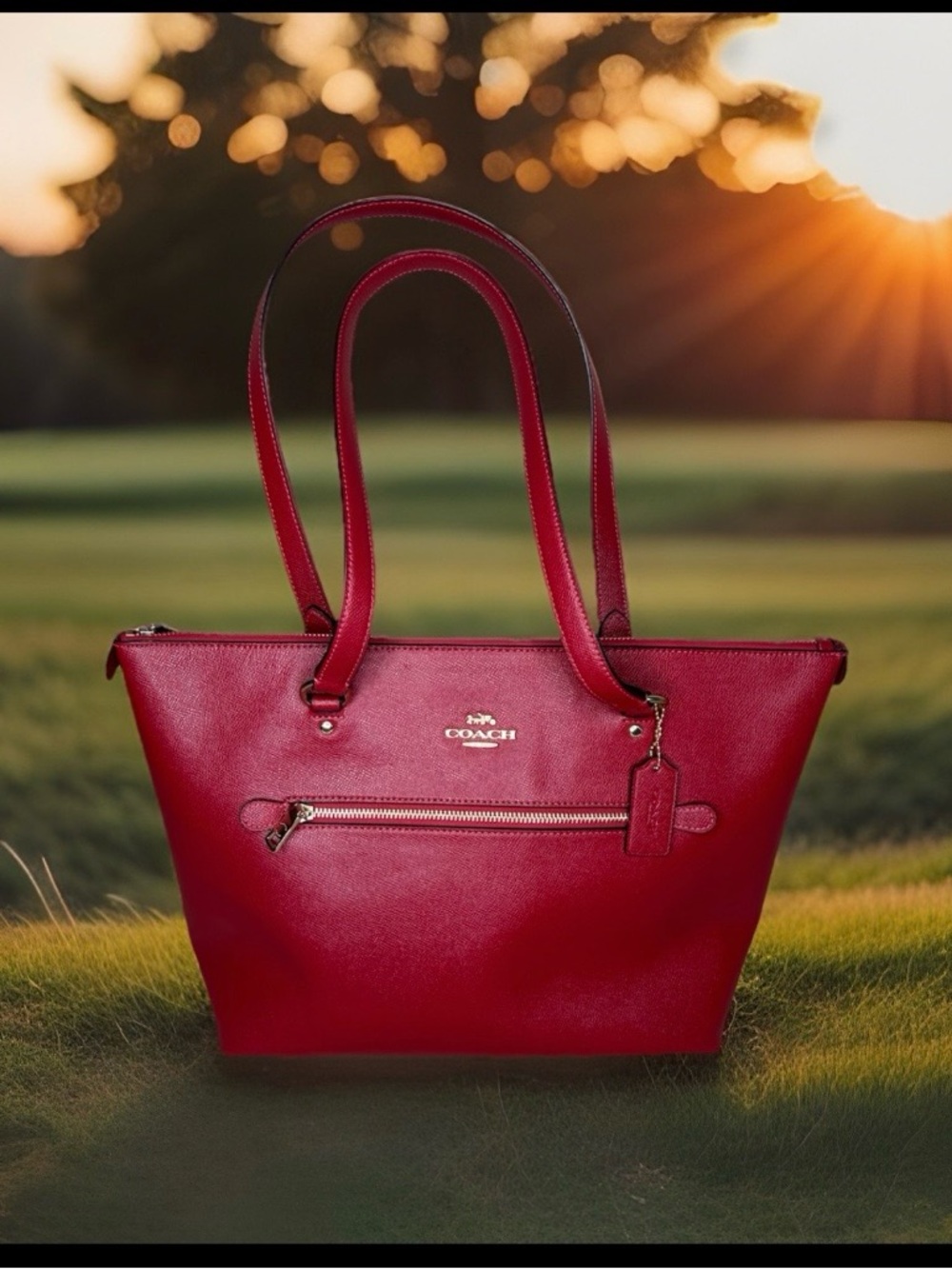 COACH 79608 Gallery Tote Crossgrain Leather Shoulder Bag Gold/Red Apple